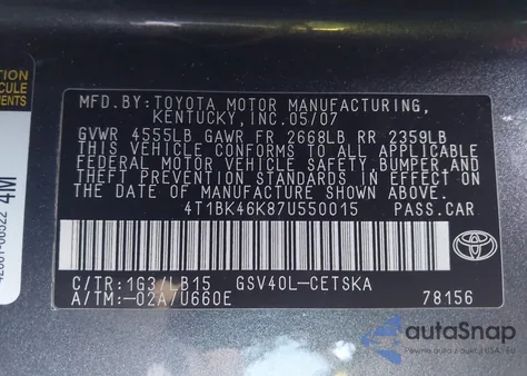 2007 Toyota Camry Se V6 z USA, uszkodzony, nr VIN 4T1BK46K87U550015